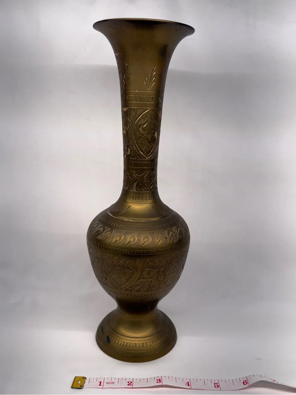 Vintage Ornate Etched Brass Vase – Detailed Floral Engravings, 12